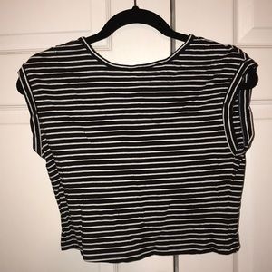 navy blue [?] and white striped tee